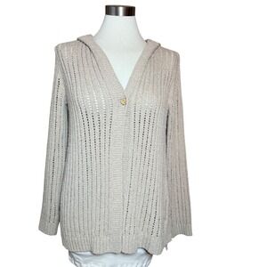 J Jill Beige Knit Hooded Cardigan Sweater Open Front Casual Size S